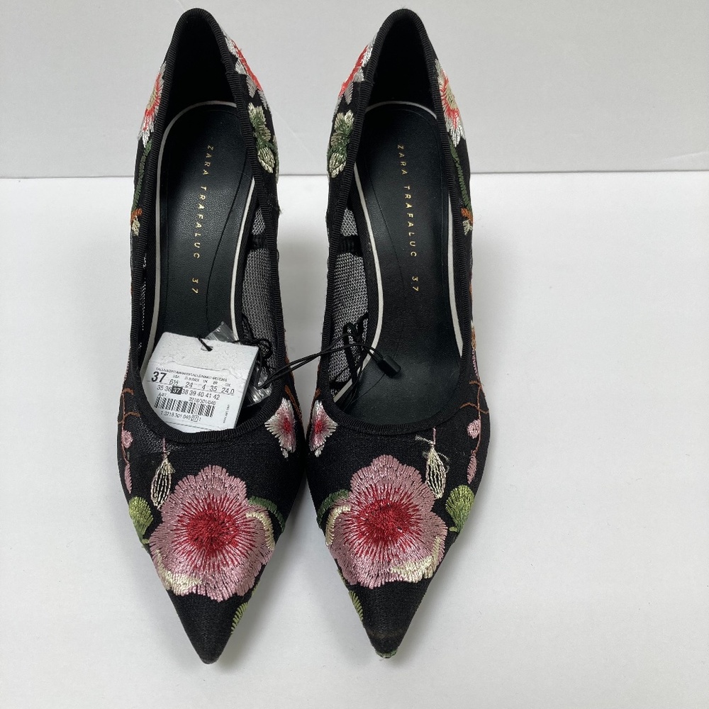 Zara Trafaluc Embroidered Floral -Mesh Side-Pointed Toe- Patent Leather Heel 37